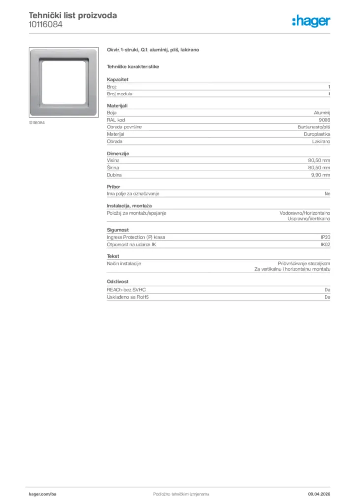 Slika Hager Tehnički list proizvoda 10116084  | Hager
