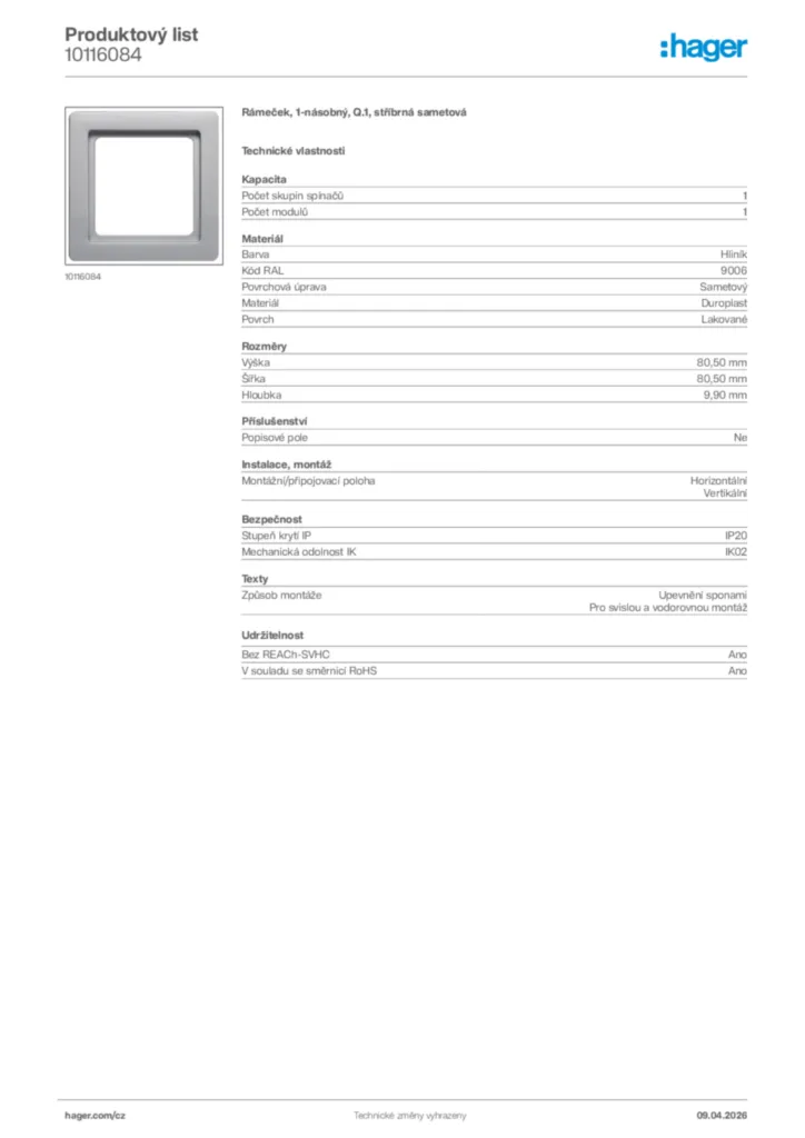 Obrázek Hager Product data sheet 10116084 | Hager