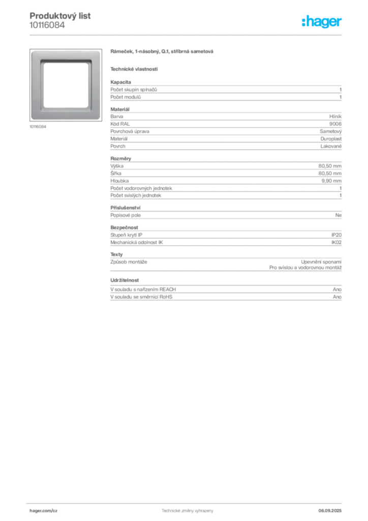 Obrázek Hager Produktový list 10116084 | Hager