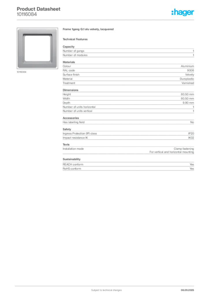Image Hager Product data sheet 10116084  | Hager