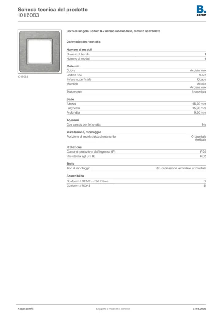 Immagine Berker Scheda tecnica del prodotto 10116083 | Hager Italia