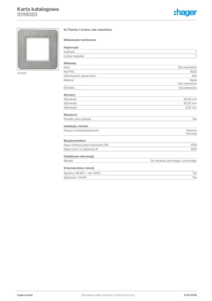 Zdjęcie Hager Karta katalogowa 10116083 | Hager Polska