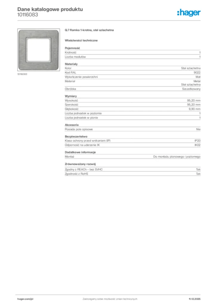 Zdjęcie Hager Dane katalogowe produktu 10116083 | Hager Polska