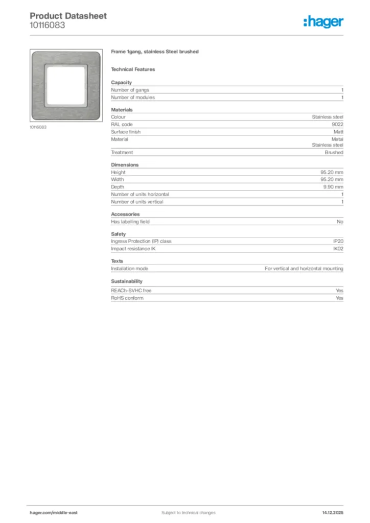Image Hager Product data sheet 10116083  | Hager