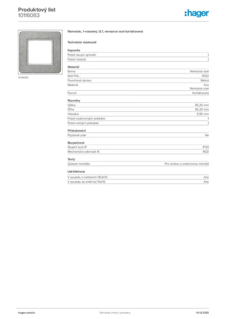 Obrázek Hager Produktový list 10116083 | Hager