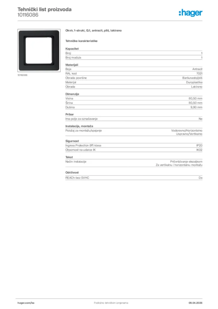 Slika Hager Tehnički list proizvoda 10116086  | Hager