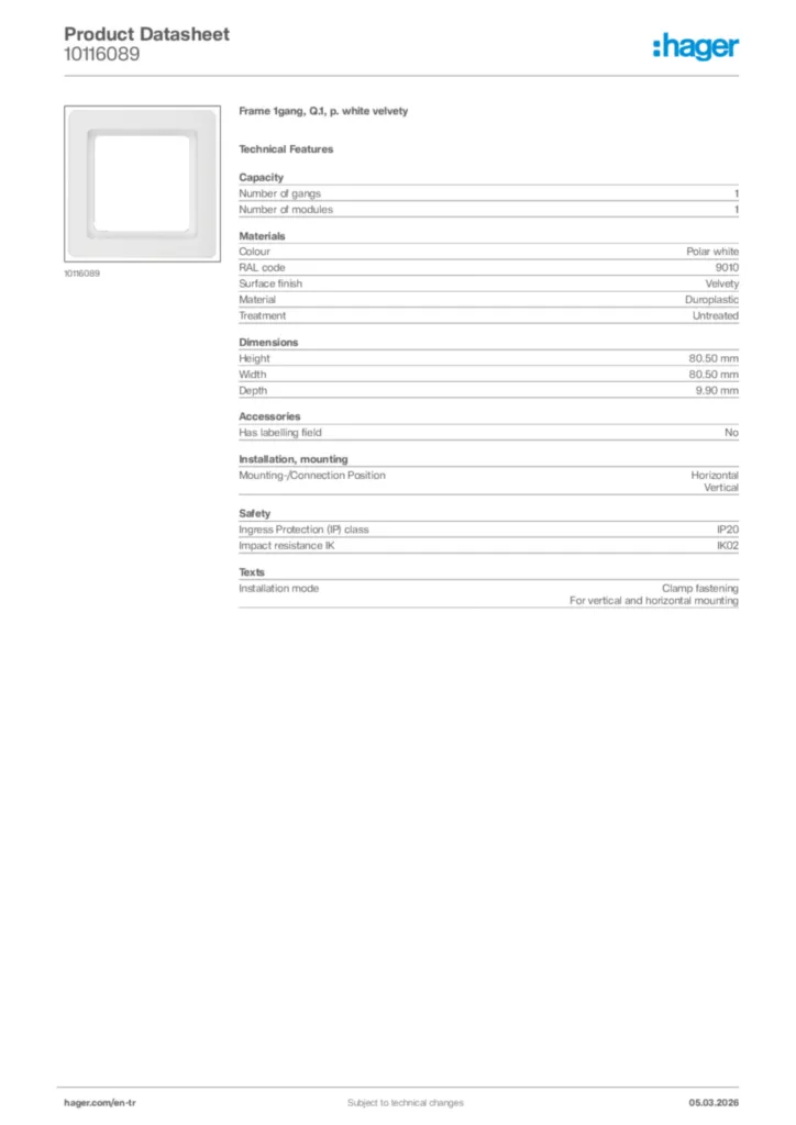 Image Hager Product data sheet 10116089  | Hager