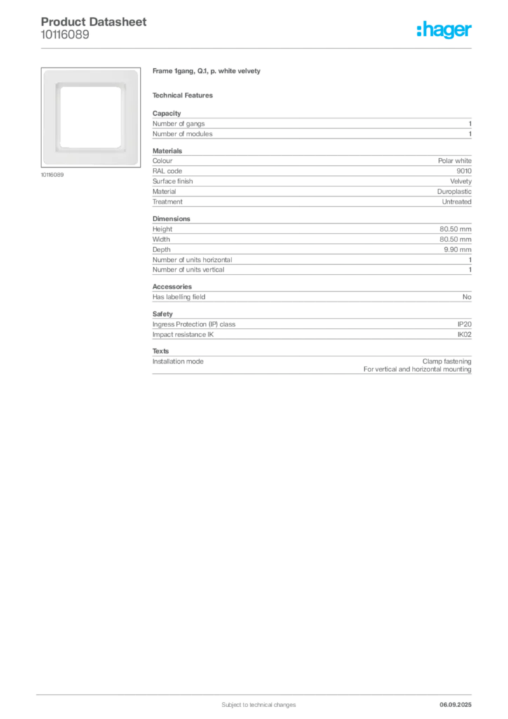 Image Hager Product data sheet 10116089  | Hager