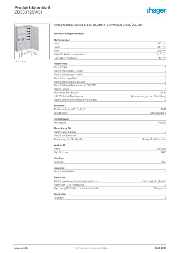 Bild Hager Produktdatenblatt ZB333T25W31 | Hager Deutschland