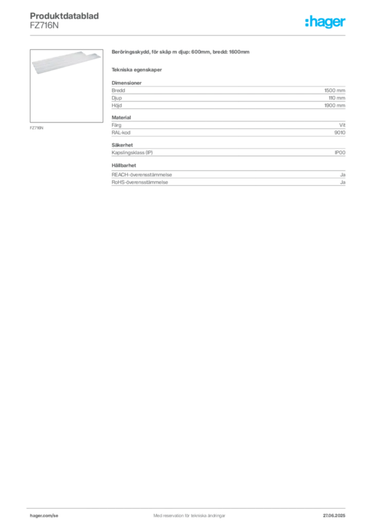 Bild Hager Produktdatablad FZ716N | Hager Sverige