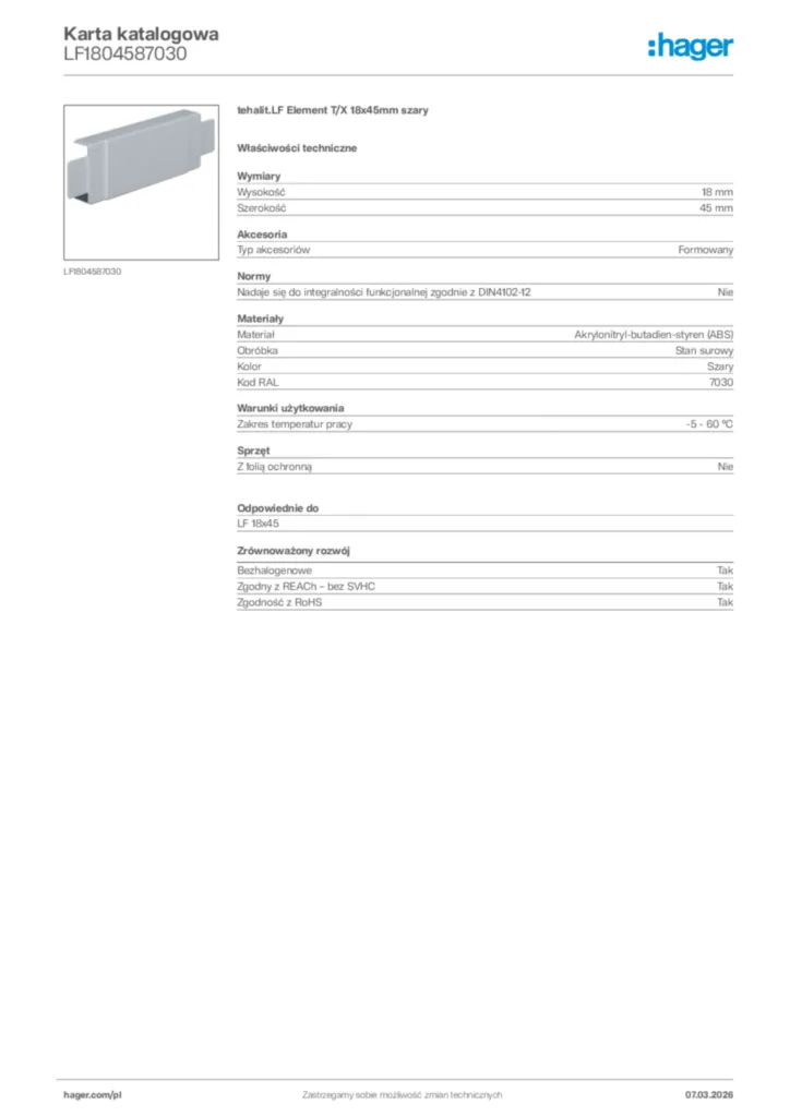 Zdjęcie Hager Karta katalogowa LF1804587030 | Hager Polska