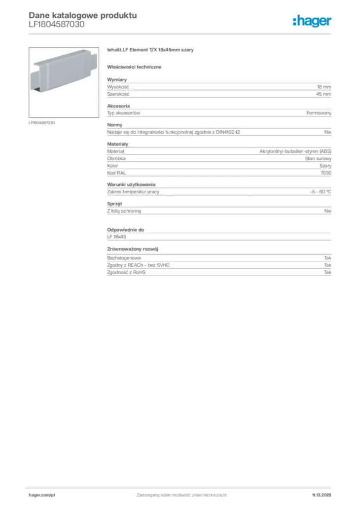 Zdjęcie Hager Dane katalogowe produktu LF1804587030 | Hager Polska