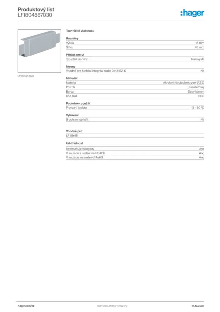 Obrázek Hager Produktový list LF1804587030 | Hager