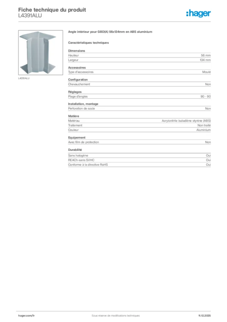 Image Hager Fiche technique du produit L4391ALU | Hager France