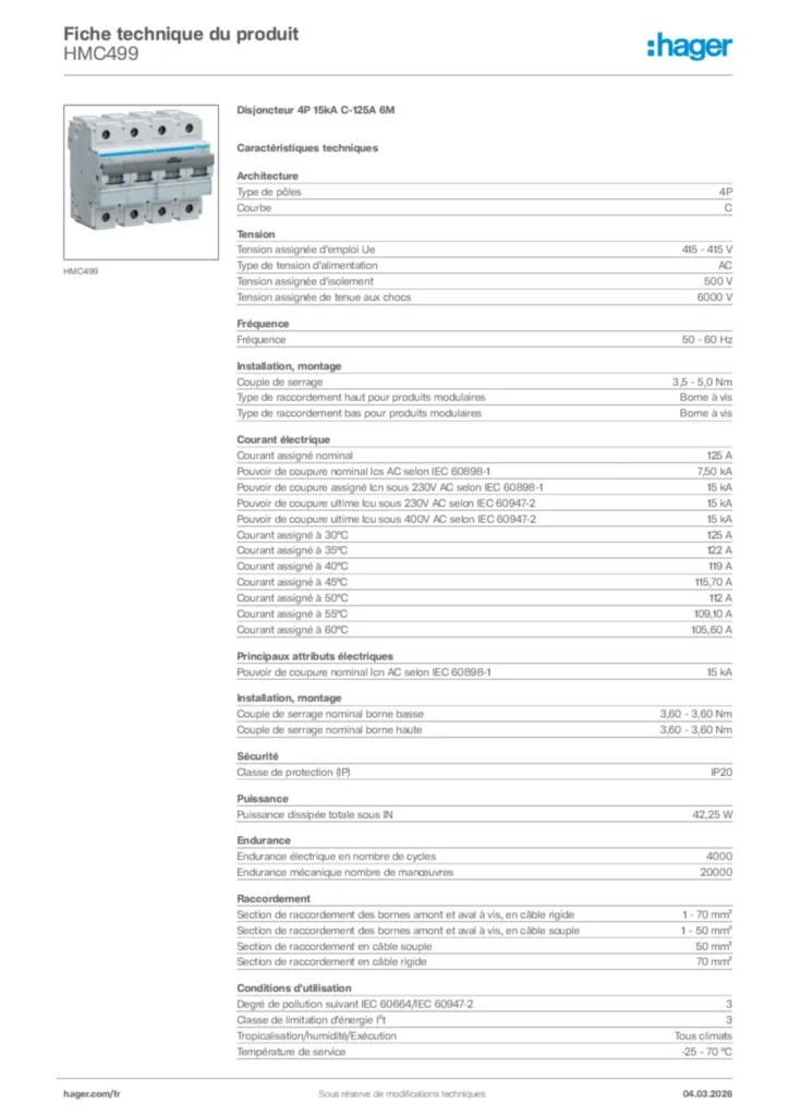 Image Hager Fiche technique du produit HMC499 | Hager France