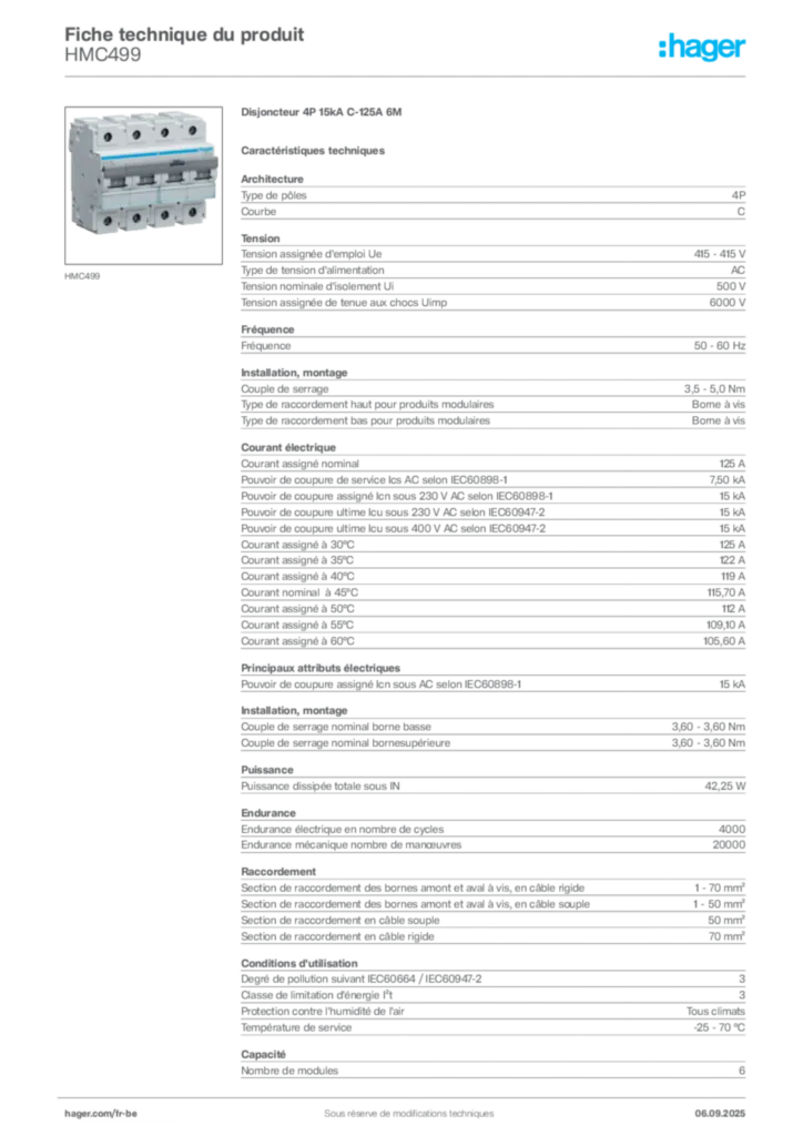 Image Hager Fiche technique du produit HMC499 | Hager Belgique