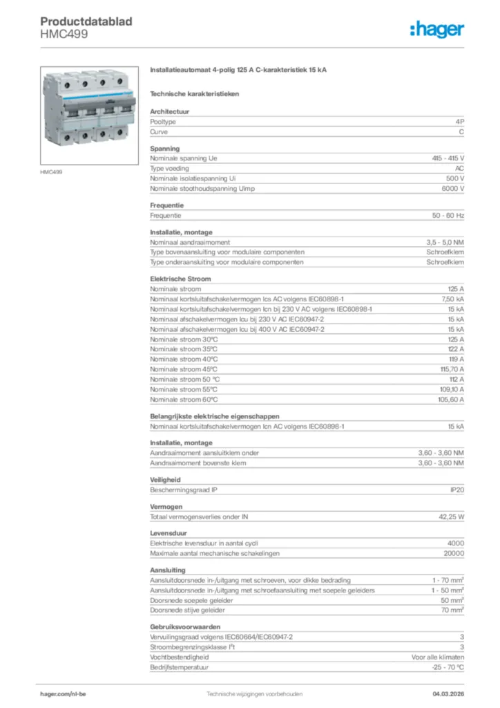 Afbeelding Hager Productdatablad HMC499 | Hager Belgium