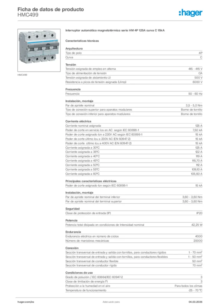 Imagen Hager Ficha de datos de producto HMC499 | Hager España