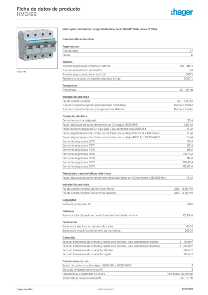 Imagen Hager Ficha de datos de producto HMC499 | Hager España