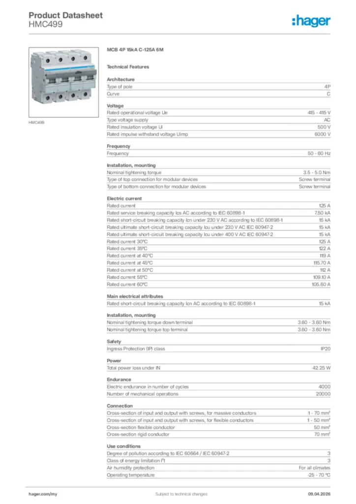 Image Hager Product data sheet HMC499  | Hager