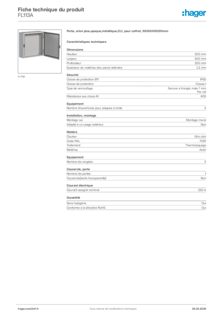 Image Hager Fiche technique du produit FL113A | Hager Afrique