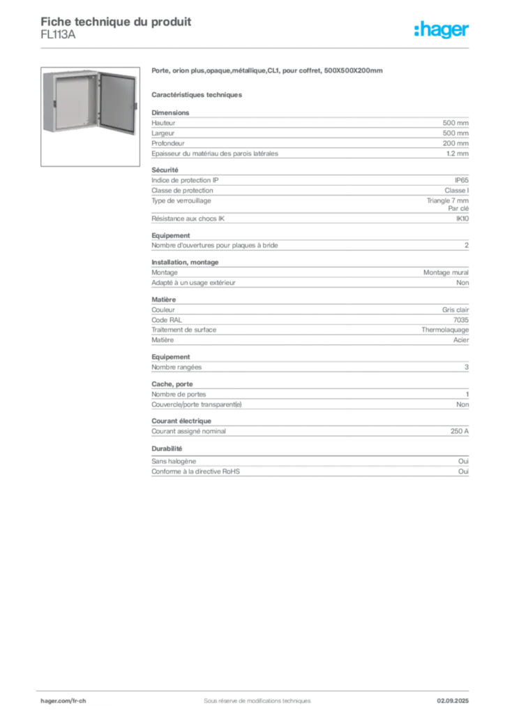 Image Hager Fiche technique du produit FL113A | Hager Suisse