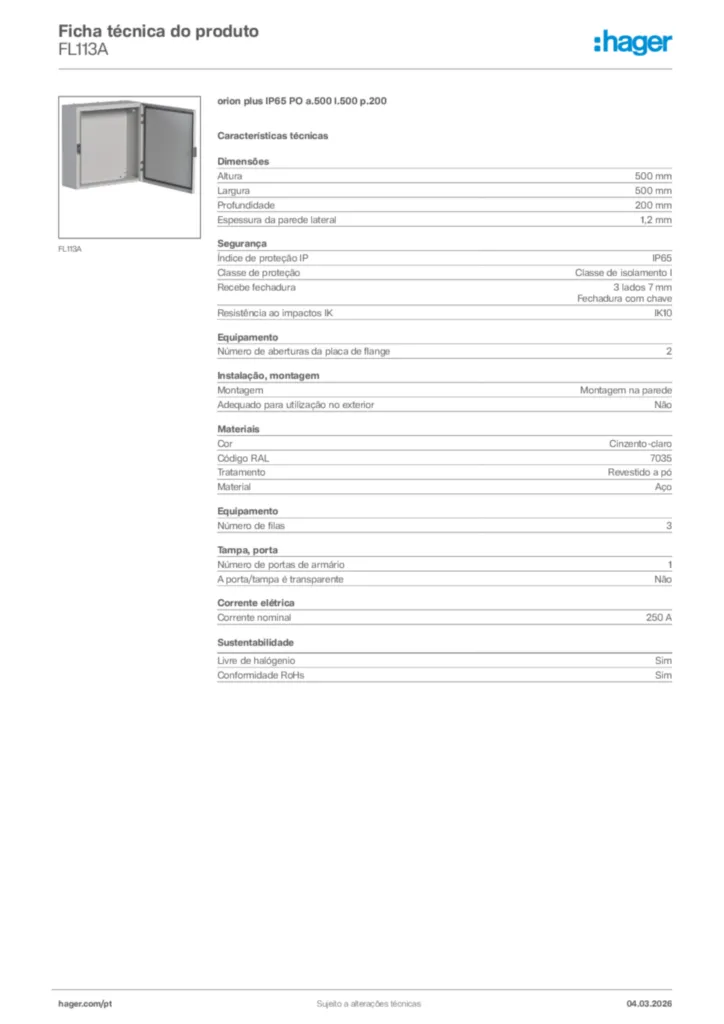 Imagem Hager Ficha técnica do produto FL113A | Hager Portugal