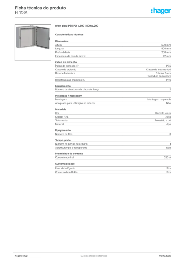 Imagem Hager Ficha técnica do produto FL113A | Hager Portugal