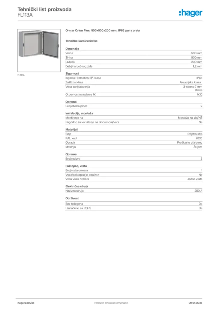 Slika Hager Tehnički list proizvoda FL113A  | Hager
