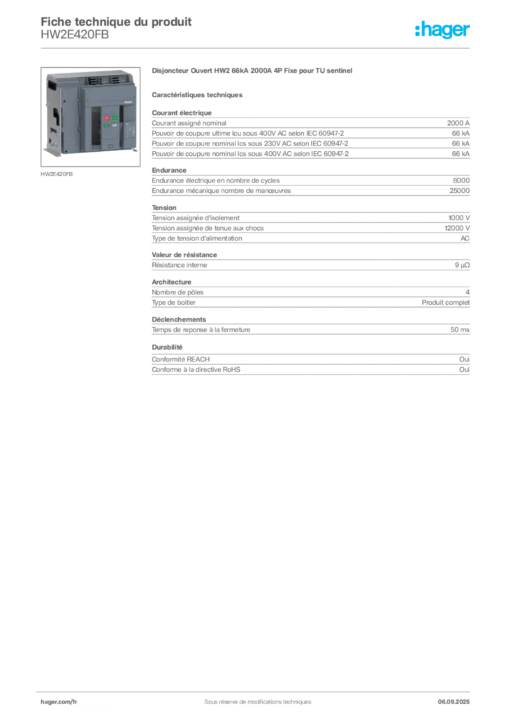 Image Hager Fiche technique du produit HW2E420FB | Hager France