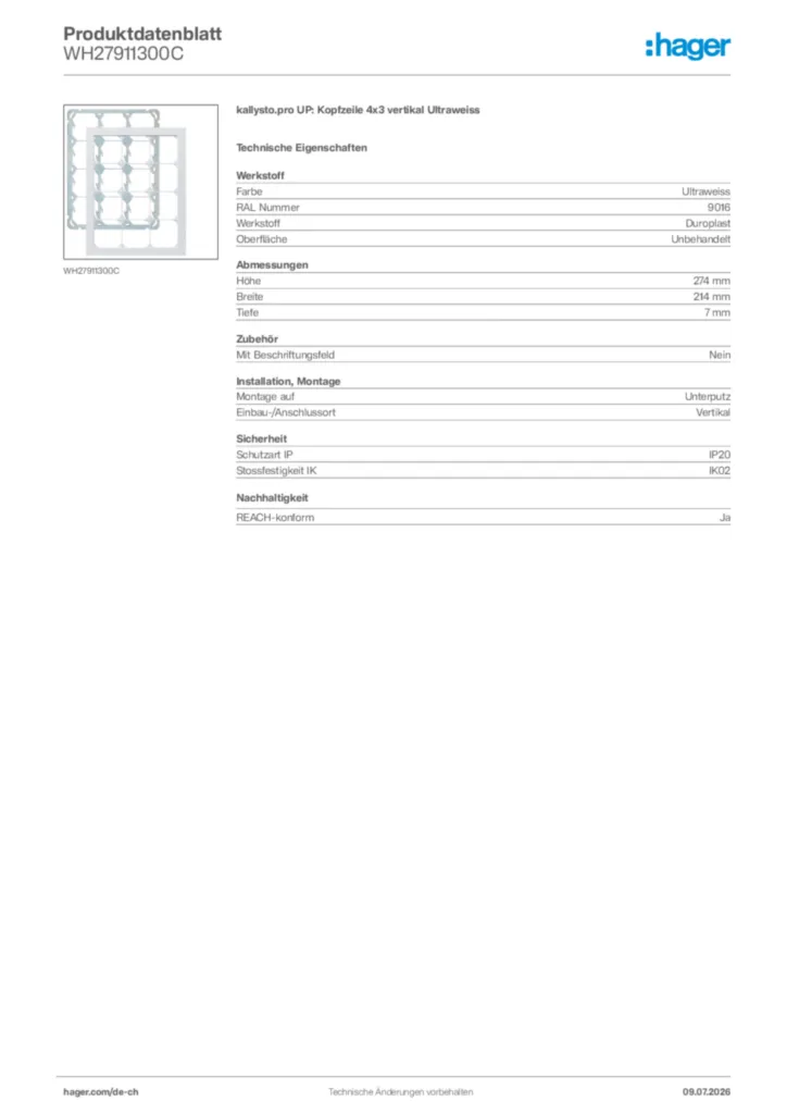 Bild Hager Produktdatenblatt WH27911300C | Hager Schweiz