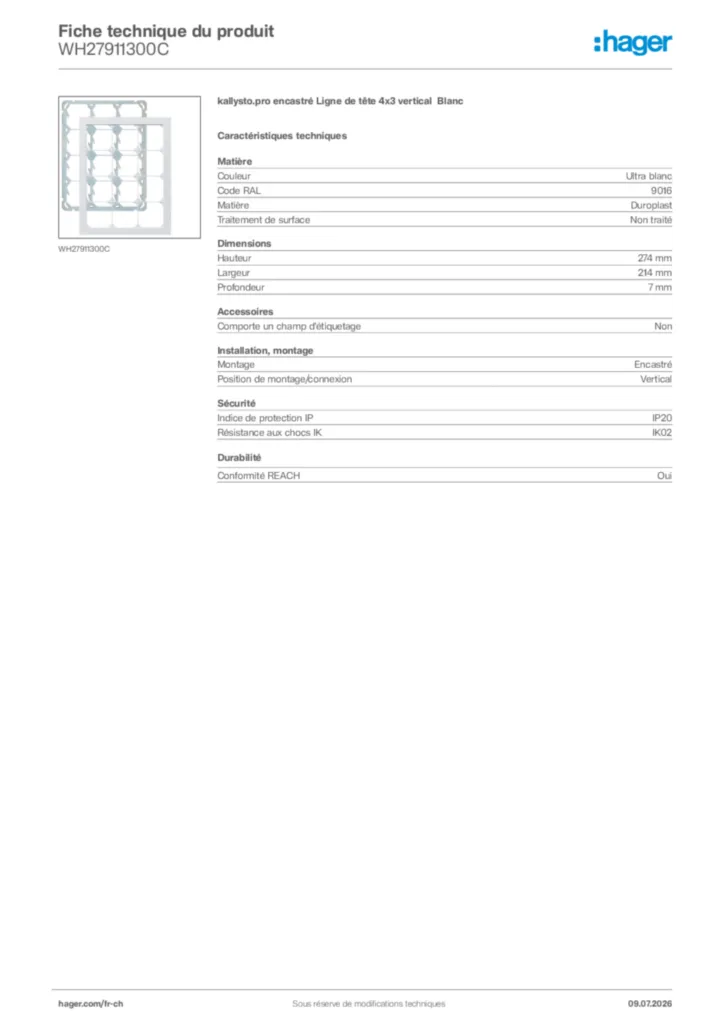 Image Hager Fiche technique du produit WH27911300C | Hager Suisse