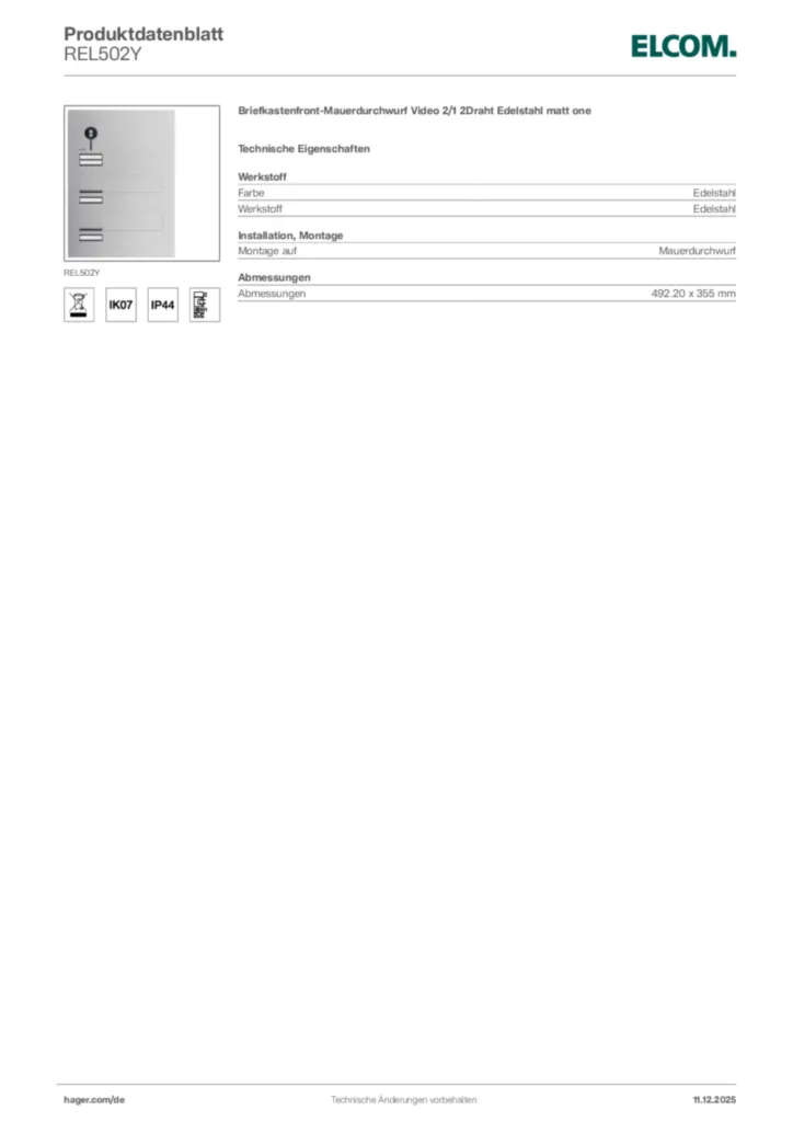 Bild Elcom Produktdatenblatt REL502Y | Hager Deutschland