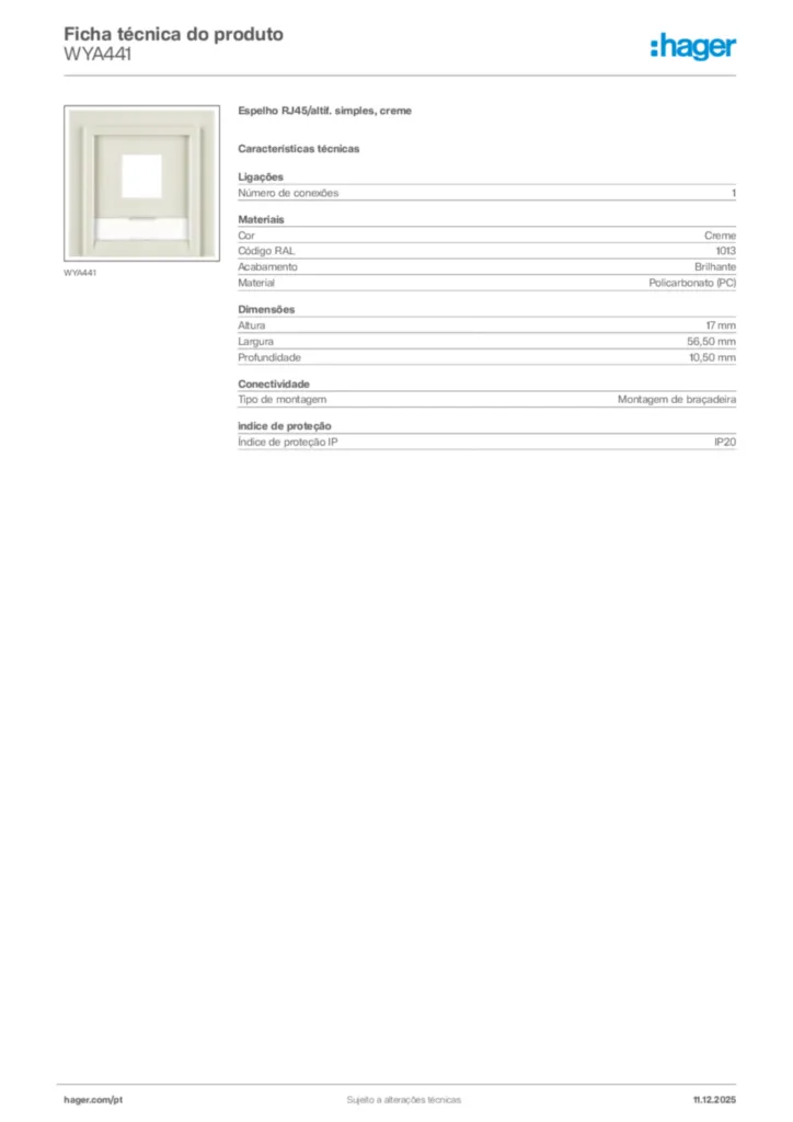 Imagem Hager Ficha técnica do produto WYA441 | Hager Portugal