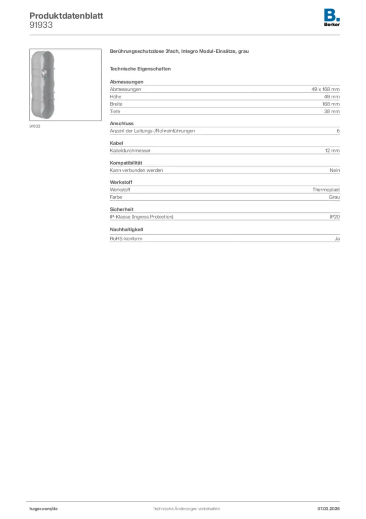 Bild Berker Produktdatenblatt 91933 | Hager Deutschland