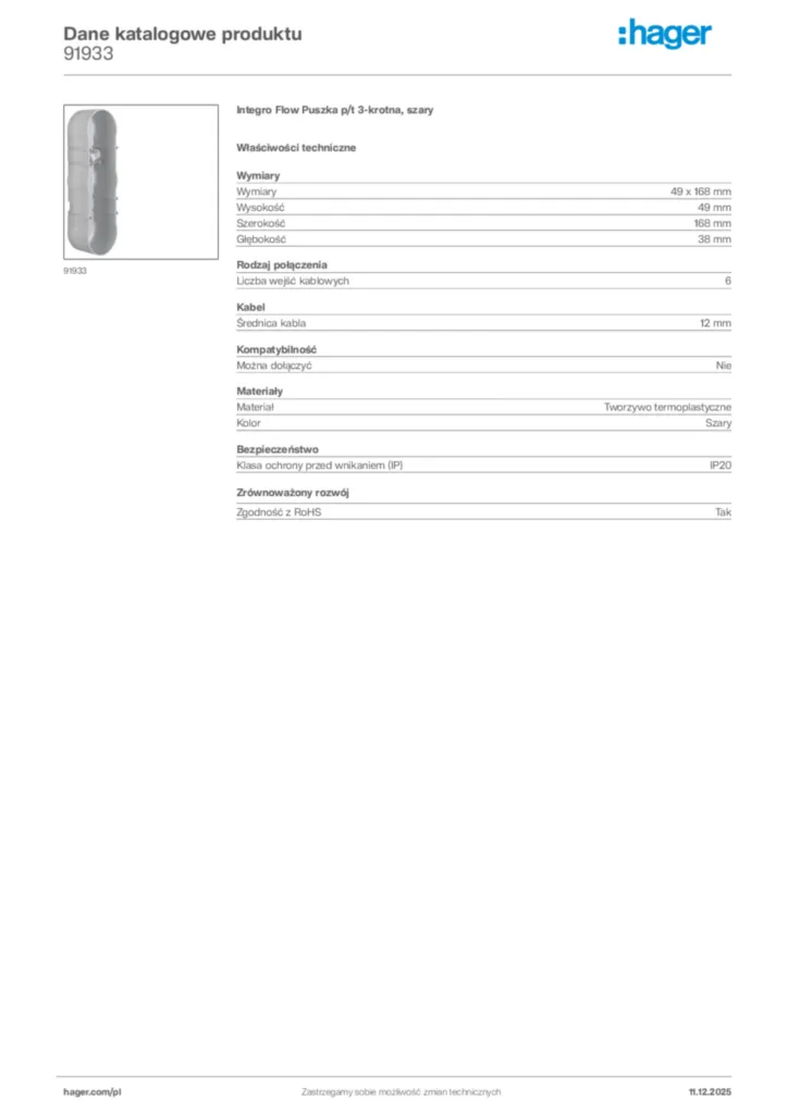 Zdjęcie Hager Dane katalogowe produktu 91933 | Hager Polska