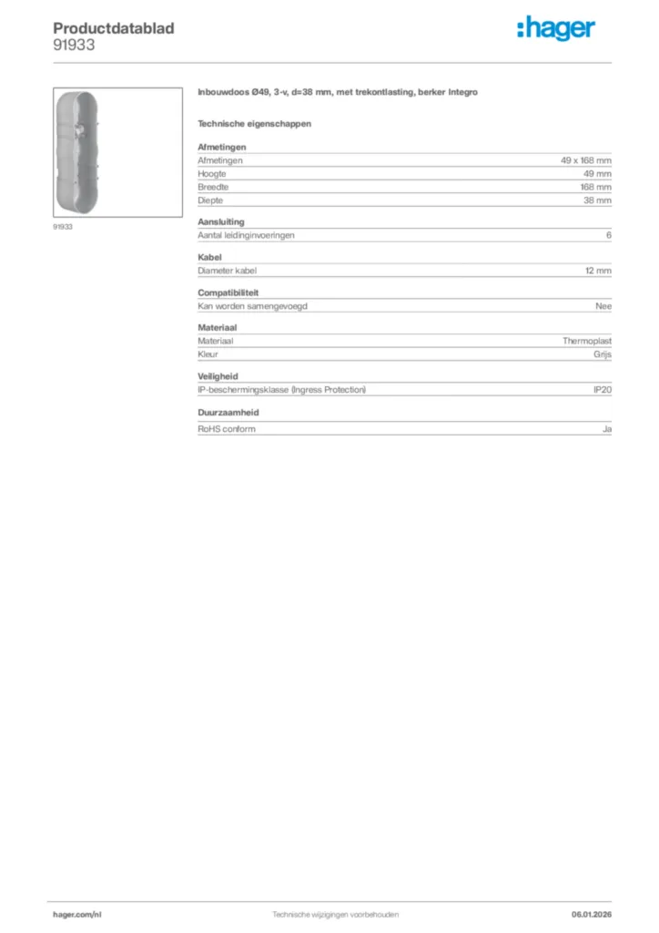 Afbeelding Hager Productdatablad 91933 | Hager Nederland