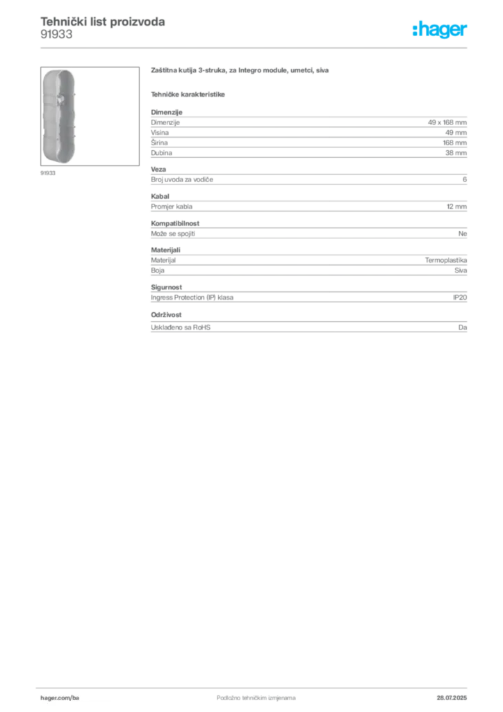 Slika Hager Product data sheet 91933  | Hager