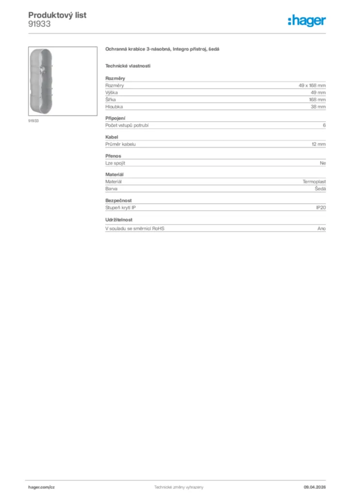 Obrázek Hager Product data sheet 91933 | Hager