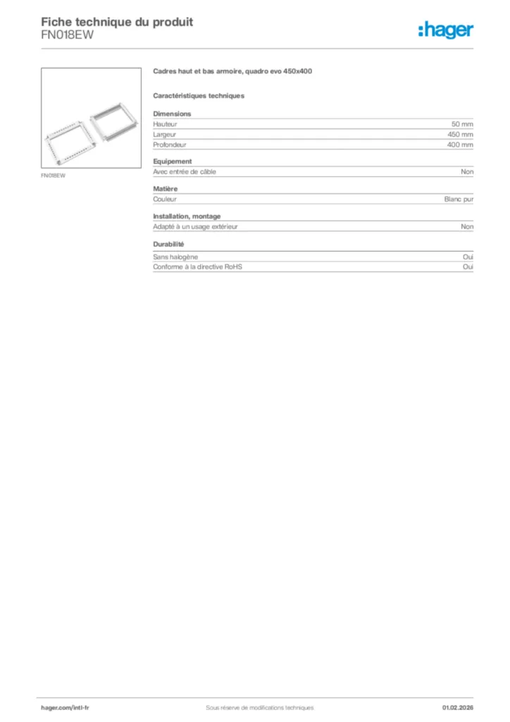 Image Hager Fiche technique du produit FN018EW | Hager Afrique