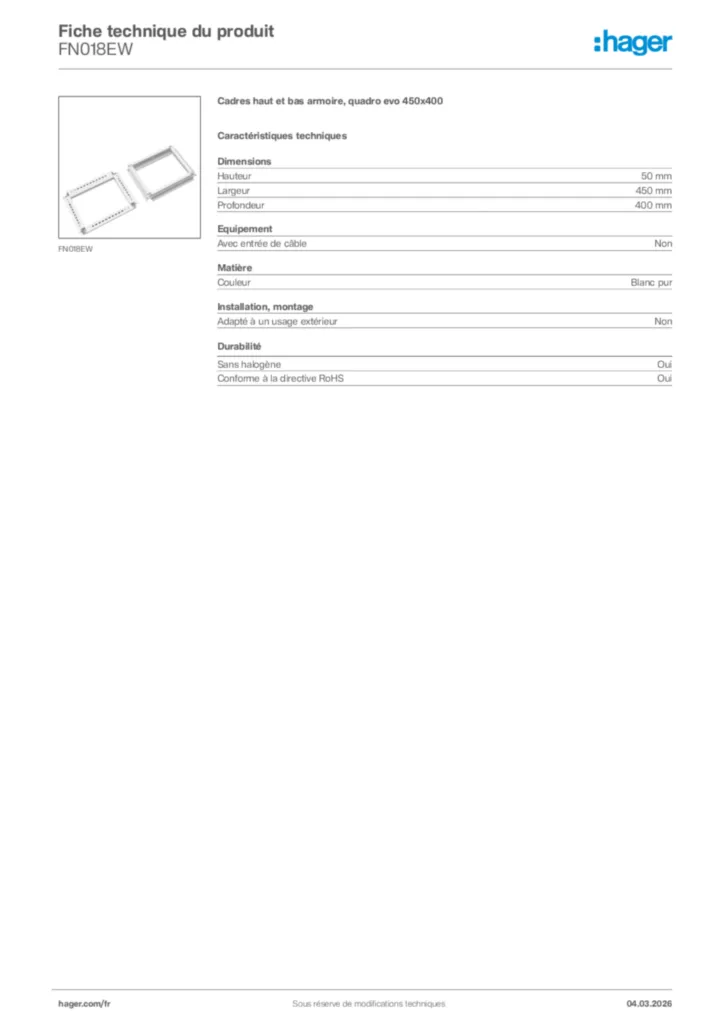 Image Hager Fiche technique du produit FN018EW | Hager France