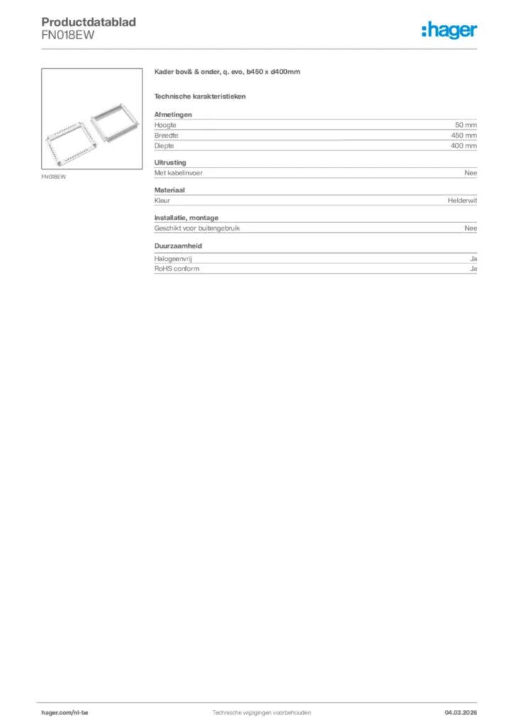 Afbeelding Hager Productdatablad FN018EW | Hager Belgium