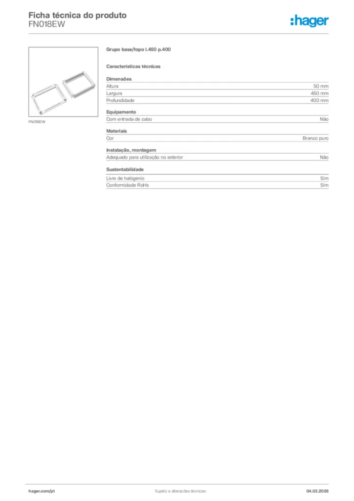 Imagem Hager Ficha técnica do produto FN018EW | Hager Portugal