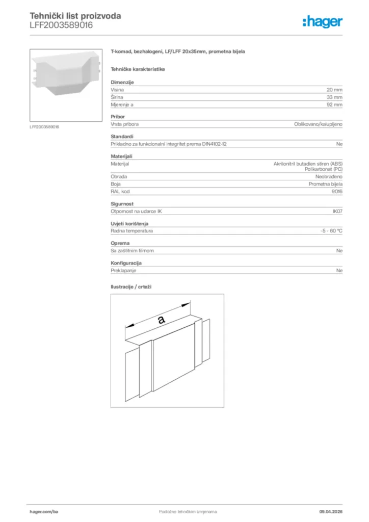 Slika Hager Tehnički list proizvoda LFF2003589016  | Hager