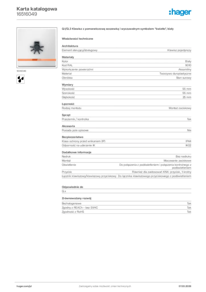 Zdjęcie Hager Karta katalogowa 16516049 | Hager Polska