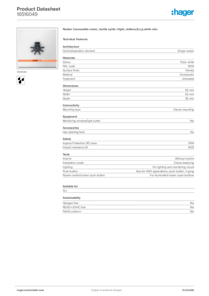 Image Hager Product data sheet 16516049  | Hager