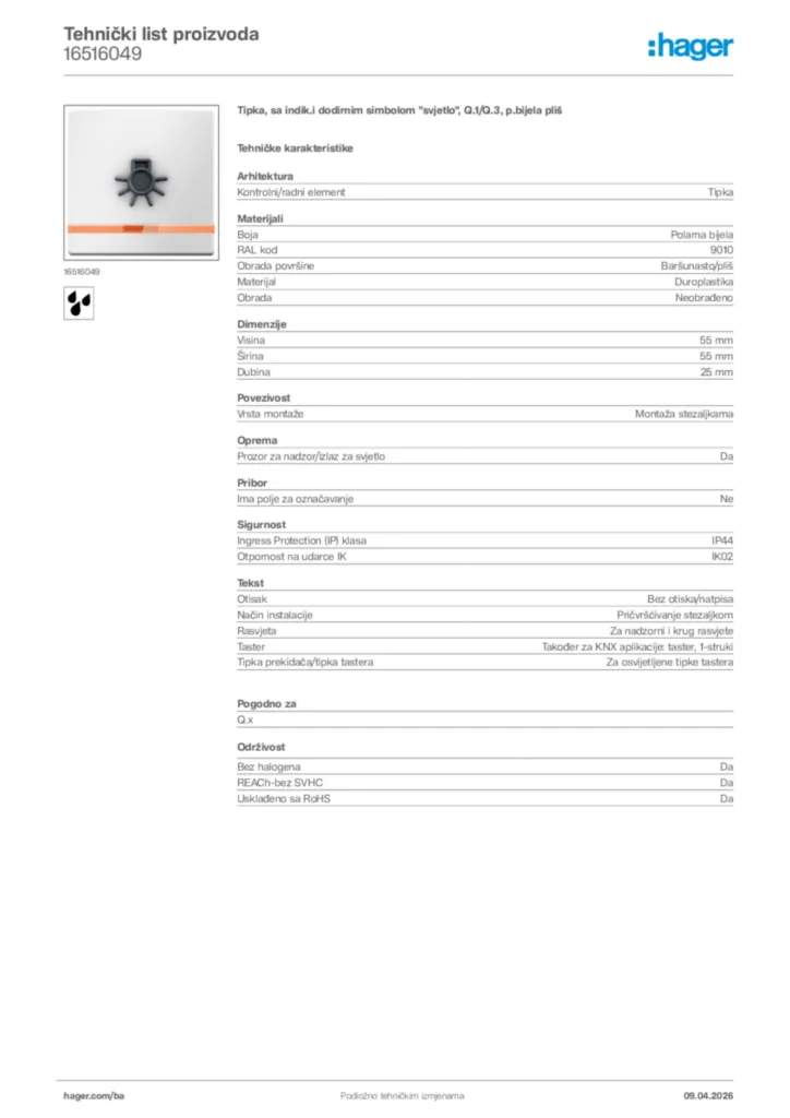 Slika Hager Tehnički list proizvoda 16516049  | Hager