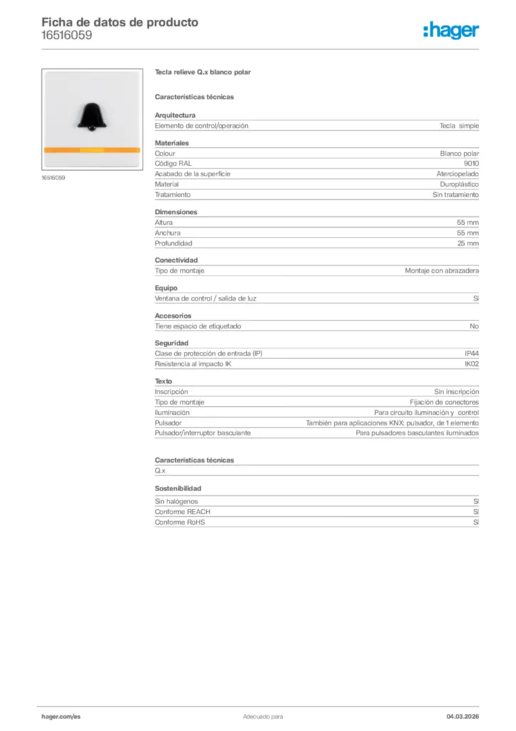 Imagen Hager Ficha de datos de producto 16516059 | Hager España