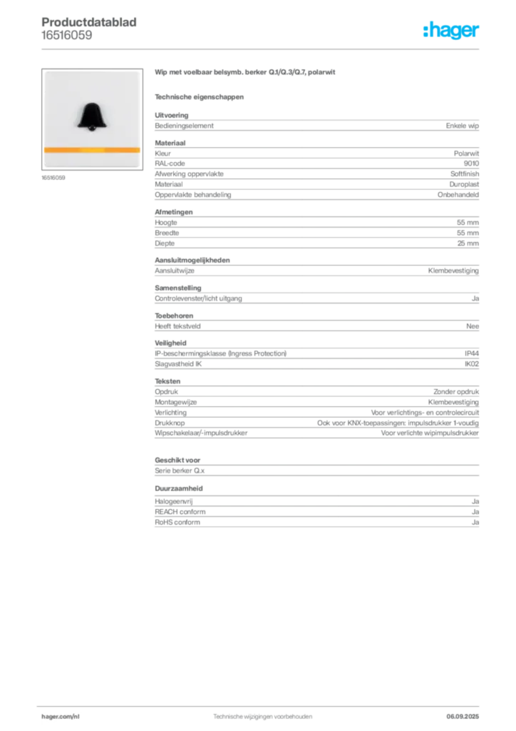 Afbeelding Hager Productdatablad 16516059 | Hager Nederland