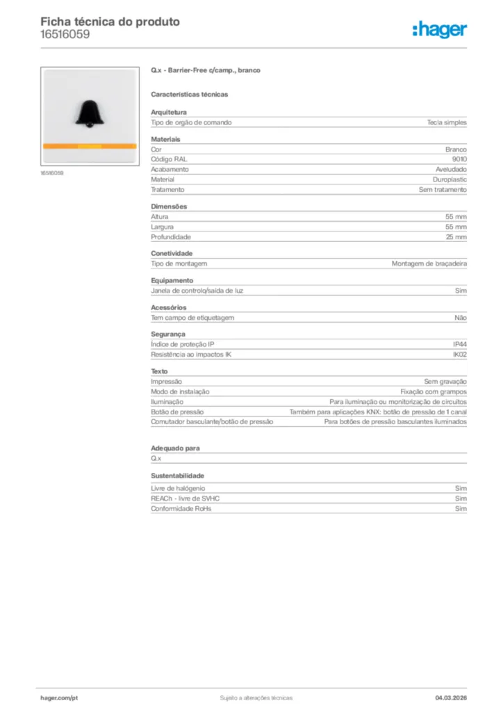 Imagem Hager Ficha técnica do produto 16516059 | Hager Portugal